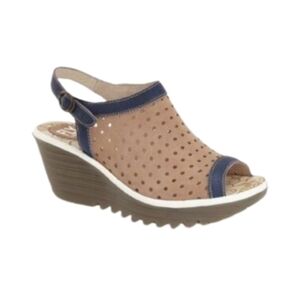 Fly London Yuti Wedge Peep Toe Perforated Sandal Suede ,Tan/Navy ,38 US Womens 7